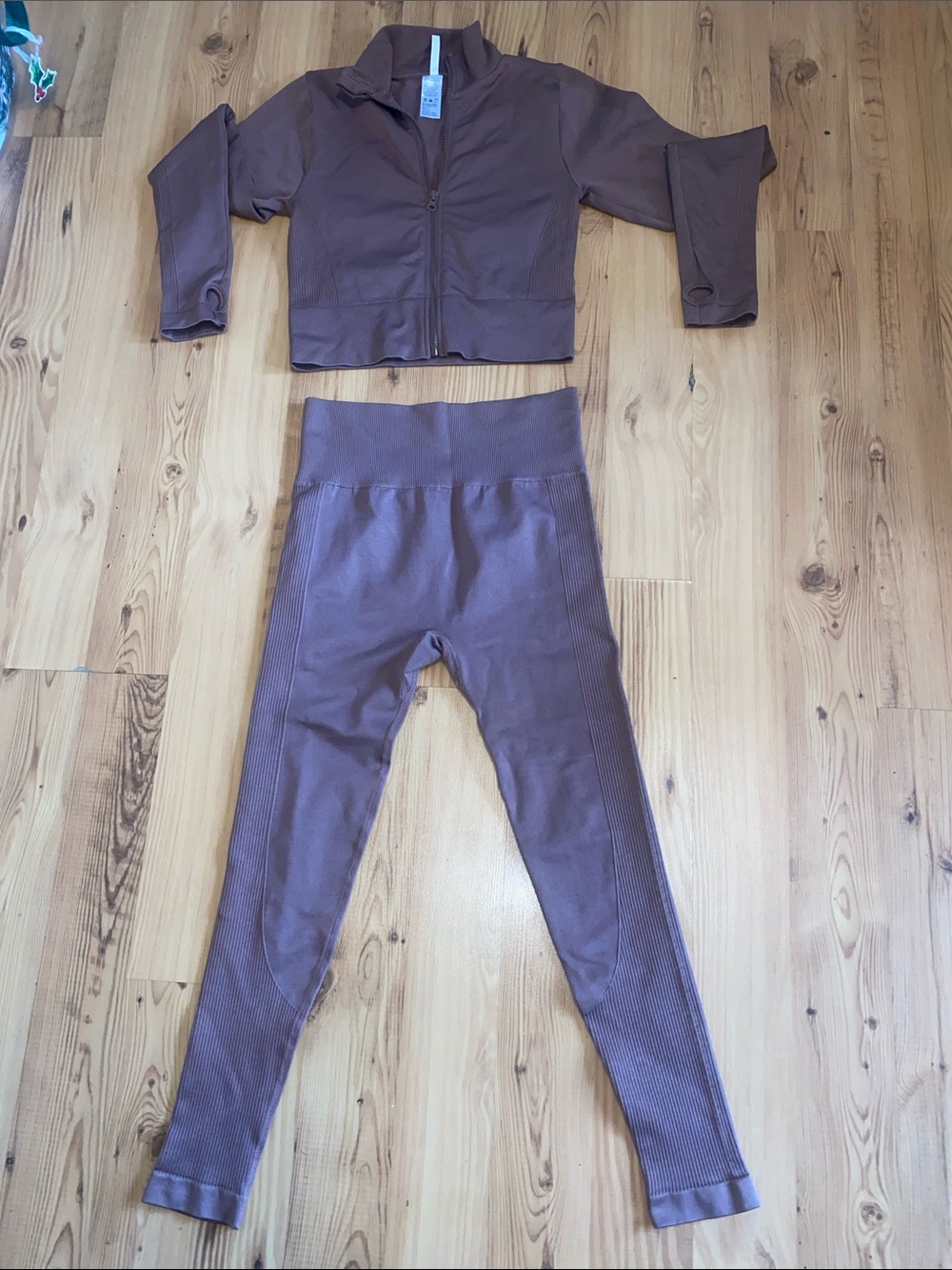New Mix Brown Ribbed High-Waist Leggings & Cropped Zip Jacket Set